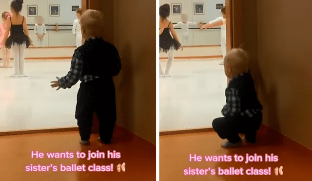El pequeño niño seguía exactamente los pasos que realizaba su hermanita durante su clase de ballet. Foto: captura de Facebook