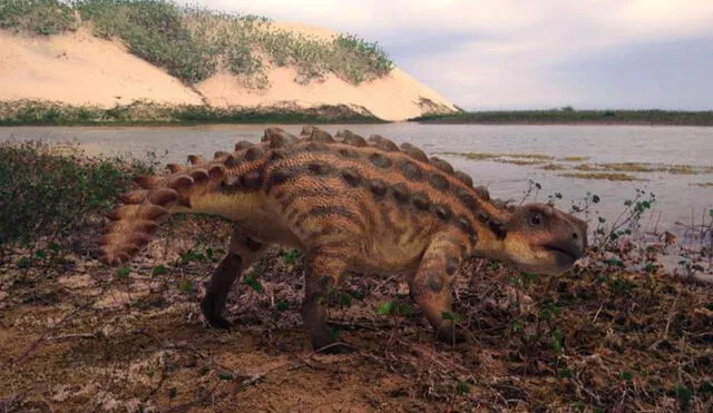 Reconstrucción del Stegourus en hábitat natural. Foto: Lucas Jaymez / Dinoesculturas