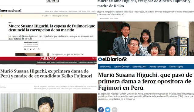 Capturas de diversos portales internacionales y el tratamiento informativo que le brindaron al fallecimiento de Susana Higuchi.