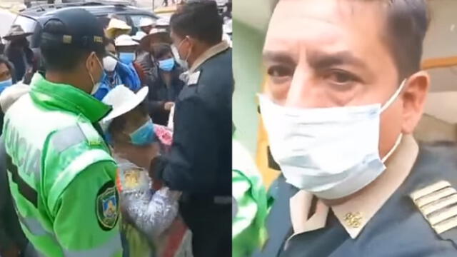 El comandante PNP Pastor empujó a una mujer, quien intentó ingresar a la comisaría de Chivay. Foto: composición La República/captura de video Radio Contacto Sur