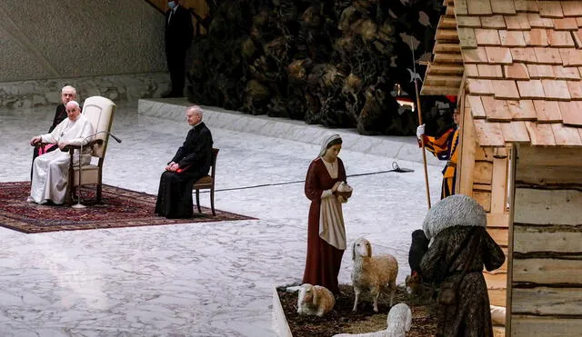 El Papa Francisco reuniéndose con la delegación que donó el Árbol de Navidad y la Cuna en la Plaza de San Pedro y en el Salón Pablo VI, Ciudad del Vaticano. Foto: EFE