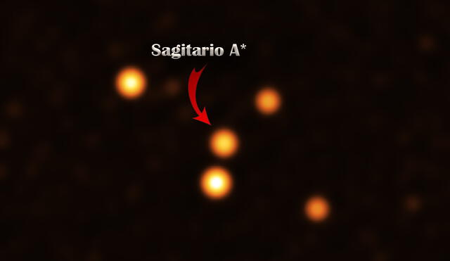 La imagen obtenida a fines de mayo de 2021 muestra cuatro estrellas orbitando cerca de Sagitario A*. El brillo del agujero negro supermasivo se relaciona a las nubes de gas que va engullendo poco a poco. Foto: Colaboración ESO / GRAVITY