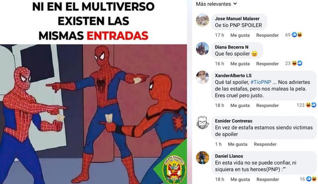 Algunos usuarios tomaron con diversión el sutil spoiler de Spider-Man: no way home y otros pidieron que también estén atentos a la venta fraudulenta de entradas a conciertos. Foto: captura de Facebook