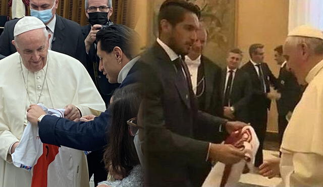 Selección peruana: papa Francisco recibió la Bicolor por parte de Gianluca Lapadula y Juan Vargas. Foto: composición