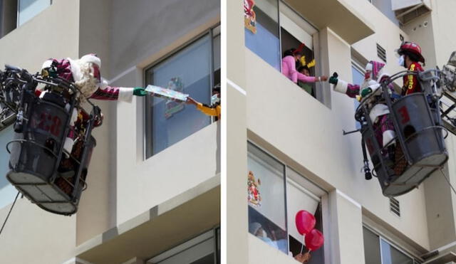 Papá Noel sube camión de bomberos para dar regalos a niños que luchan contra la Covid-19. Foto: captura de Facebook.