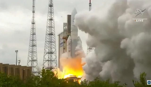 A las 7.20 a. m. el James Webb despegó al espacio en un cohete de ArianeSpace y dio inicio a una nueva y emocionante década de la ciencia. Foto: captura de pantalla de Youtube / NASA