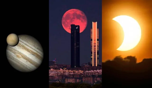 De izq. a der.: representación de conjunción Venus-Júpiter; Luna de Fresa; y eclipse parcial de Sol. Foto: Composición LR / NASA / Juan Carlos Cortina / Picture Alliance