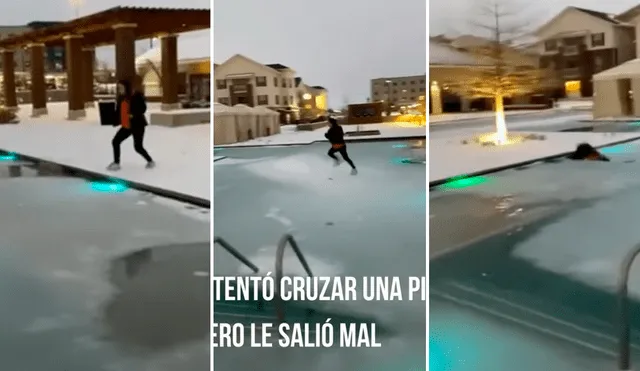 El hombre quería aprovechar que la alberca estaba congelada y decidió cruzarla corriendo antes de que el hielo se rompiera. Foto: captura de YouTube