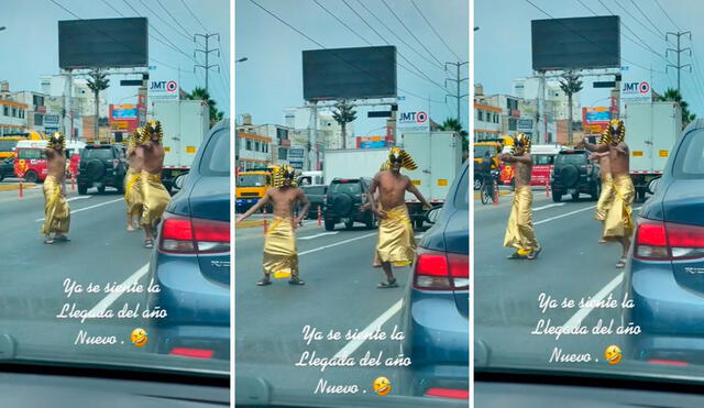 Un conductor aprovechó que el semáforo estaba en rojo para grabar a los artistas callejeros, quienes llamaron la atención por sus trajes. Foto: captura de TikTok