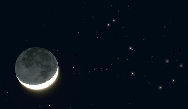 Representación de una Luna creciente y el cúmulo de las Pléyades a la derecha. Foto: Jerry Lodriguss