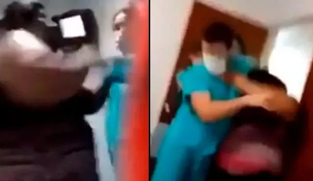 La mujer empezó a alegar que le estaban faltando al respeto y momentos después atacó a puños a dos médicos. Foto: captura de Noticias Caracol