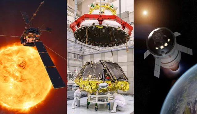 De izq. a der.: Solar Orbiter estudiando de cerca al Sol, plataforma de amartizaje donde estará el rover Rosalind Franklin; y  la nave espacial Orion saliendo de la Tierra. Foto: composición LR / ESA / ExoMars / NASA