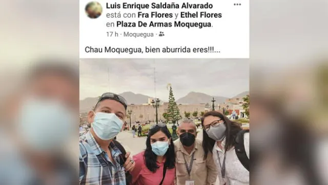 En la foto que acompaña la publicación aparecen Saldaña Alvarado, a su costado Francis Flores, coordinadora de Prensa de la PCM, camarógrafo de TV Perú y una cuarta colaboradora. Foto: Facebook de Saldaña