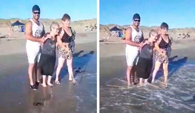 Los integrantes de una familia se unieron para sorprender a la adulta mayor, luego de que la llevaran a escondidas hasta la playa. Foto: captura de YouTube