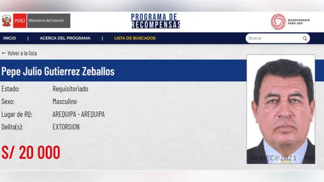 Programa de recompensas del Mininter incluyó a Pepe Julio Gutiérrez Zeballos en Los Más Buscados. Foto: Mininter