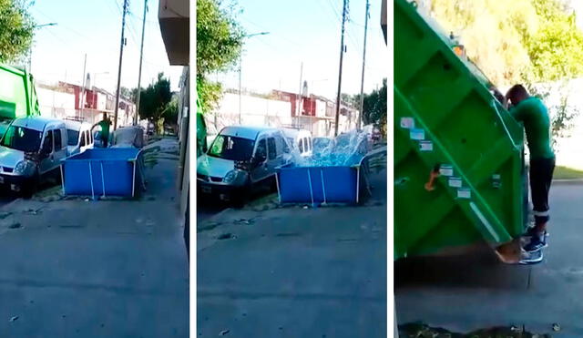 A consecuencia de la ola de calor que azota a Argentina, un recolector de basura no se resistió y se arrojó a una piscina que armaron en la calle. Foto: captura de YouTube