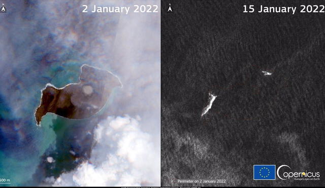 Imagen satelital de la isla del volcán Hunga Tonga antes y después de la erupción del 15 de enero. Fotos: DG Defis / Copernicus / Sentinel