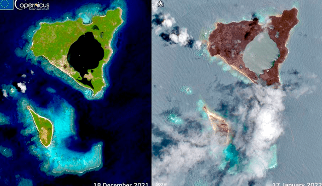 La erupción del Hunga Tonga Hunga Ha’apai, que se apreció claramente desde el espacio, también provocó que el volcán desapareciera de la superficie marina. Foto: EFE