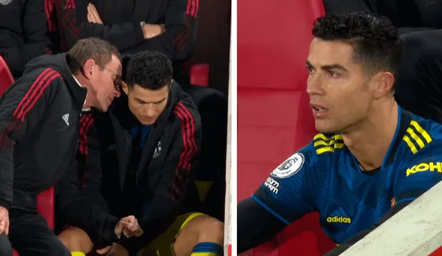 Cristiano Ronaldo expresó su disconformidad al ser reemplazado durante el Manchester United-Brentford. Foto: captura ESPN/composición