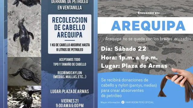 Por derrame de petróleo, en Arequipa las donaciones se acopiarán en la plaza de Armas este viernes 21 de enero. Foto: composición LR/Hair Boom Peru Oficial