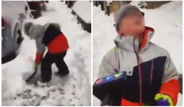 La reacción hilarante de un niño ‘agotado’ tras palear la nieve. Foto: captura de TikTok.