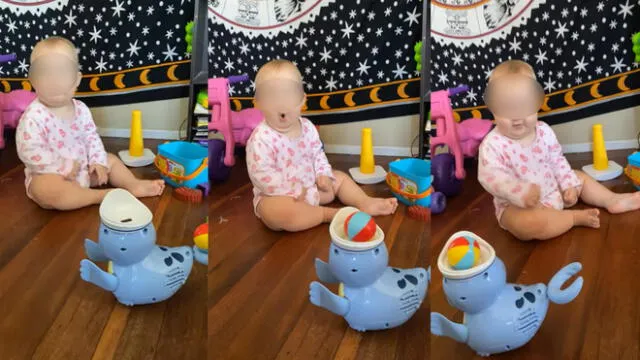La pequeña miró su juguete sorprendida. Foto: captura de YouTube
