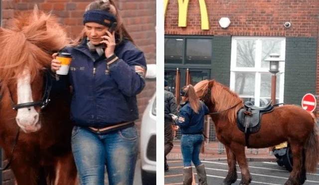 La joven esperó montada en el caballo a que le entreguen su orden. El animal estaba muy relajado y esperando para seguir su camino. Foto: captura de Facebook
