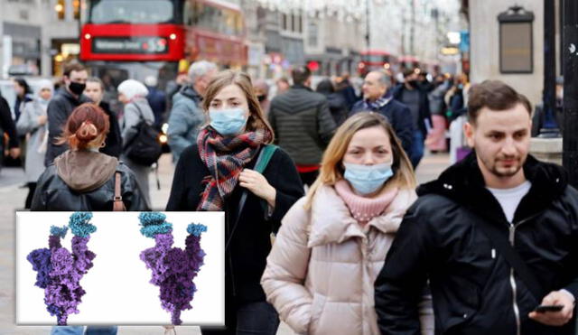 Personas caminando en calle de Oxford. En la parte inferior, la proteína espiga de ómicron (púrpura) se adhiere al receptor humano ACE2 (azul). Foto: composición/AFP/UBC