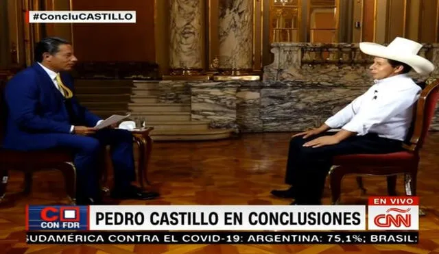 Pedro Castillo estuvo con el periodista Fernando del Rincón en Palacio de Gobierno este último lunes 24 de enero. Foto: Captura CNN