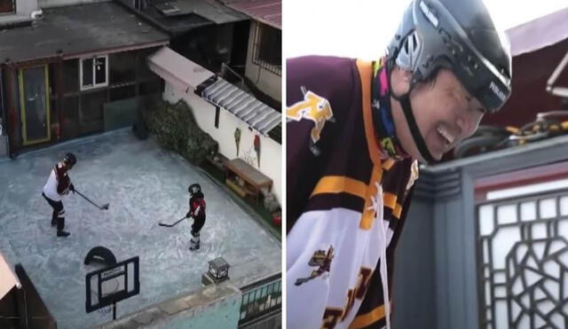 Abuelo construye una pista de hielo en su terraza para jugar hockey con su nieto. Foto: captura de YouTube.