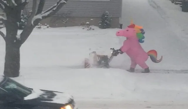 Hombre se disfraza de unicornio para sacar la nieve de su casa e impresiona a sus vecinos. Foto: captura de TikTok.