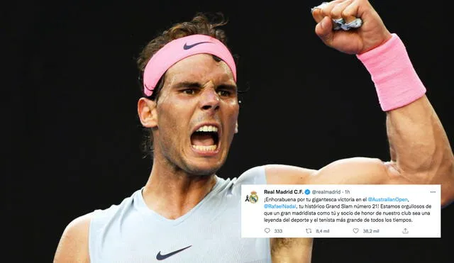 Rafael Nadal conquistó su Grand Slam 21° en el Australian Open 2022. Foto: EFE/DEAN LEWINS/captura Twitter Real Madrid