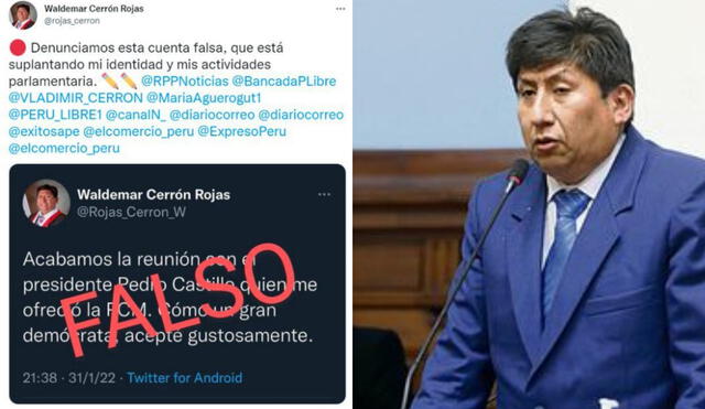 Bancada de Perú Libre respaldó versión de que cuenta de Twitter de Waldemar Cerrón fue hackeada. Foto: Congreso / captura Twitter