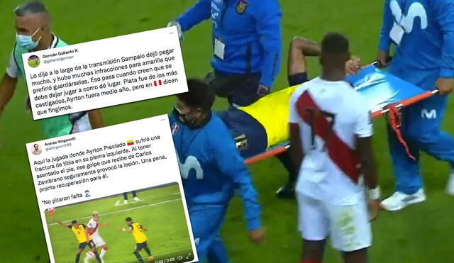 Ayrton Preciado salió lesionado previo al gol de Edison Flores. Foto: captura Movistar Deportes/captura Twitter Germán Gallardo/captura Twitter Andrés Illingworth