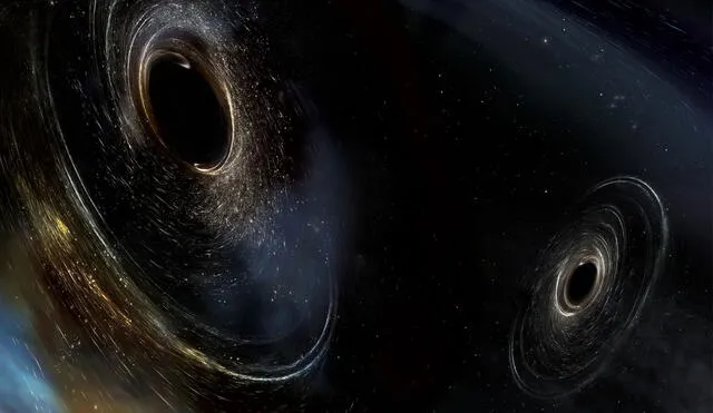 Representación artística de dos agujeros negros a punto de fusionarse. Foto: LIGO