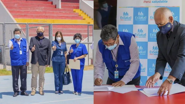 El gerente de EsSalud Arequipa, Roberto Huarhua Ancalle y el presidente del Consejo Regional del Deporte Arequipa - IPD, José Luis Tejeda Vargas  firmaron el acta. Foto: composición LR/EsSalud