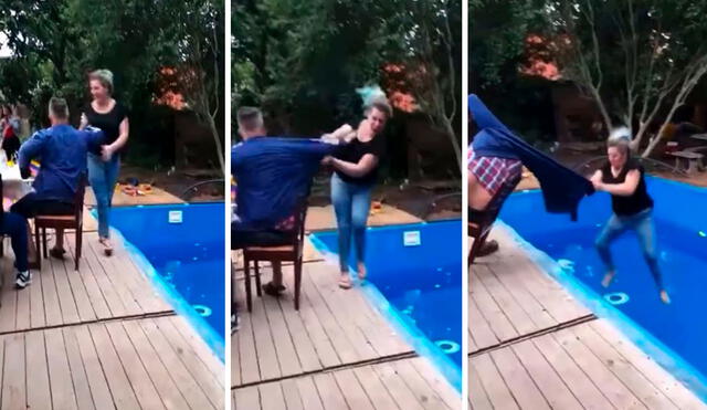 Una mujer trató de no perder el equilibrio a consecuencia de una broma; sin embargo, nada la salvó y acabó en el agua al lado de su pareja. Foto: captura de YouTube