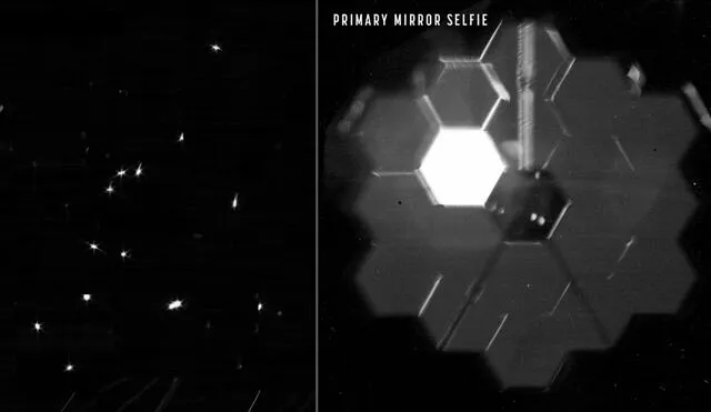 Mosaico de imágenes tomadas por el telescopio James Webb y una foto de su espejo primario. Fotos: NASA