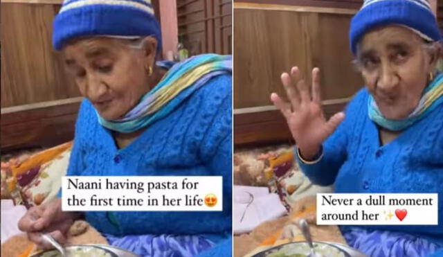 La tierna reacción de una ancianita al probar por primera vez pasta de espinacas. Foto: captura de TikTok.