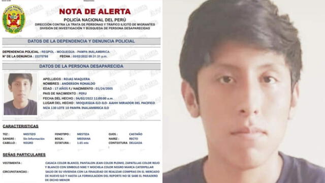 Anderson Ronaldo Rojas Maquera, de 17 años de edad, desapareció el 4 de febrero. Foto: composición LR/difusión