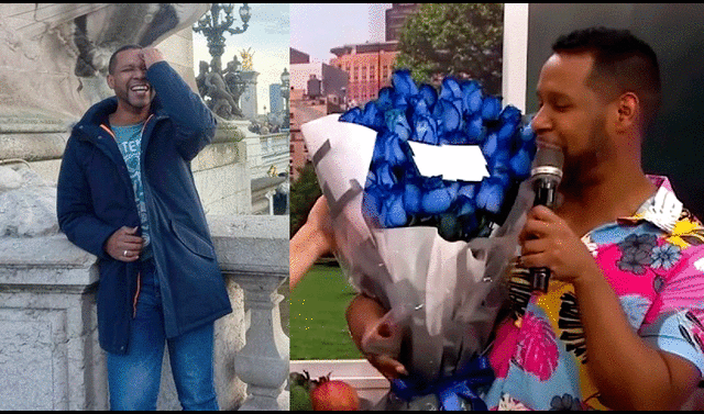 'Giselo' es sorprendido por su novio con ramos de flores azules. Imagen: Composición