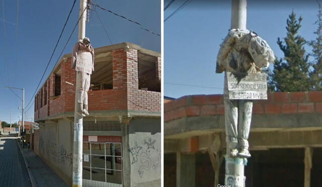 Los usuarios quedaron sorprendidos cuando se percataron que las calles de la ciudad de El Alto tenían postes con muñecos y carteles. Foto: captura de TikTok