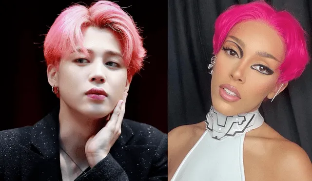 Jimin de BTS y Doja Cat lucieron un color de cabello rosado en sus promociones musicales. Foto: composición La República/BIGHIT/RCA Records
