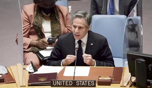 Enfático. Secretario de Estado de USA, Antony Bliken, habla ante el Consejo de Seguridad de las Naciones Unidas. Foto: AFP
