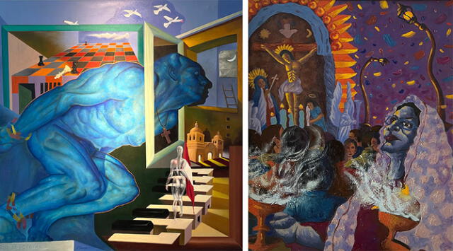 Dos de las pinturas que se exhiben actualmente en el salón internacional sobre artistas del norte del Perú.