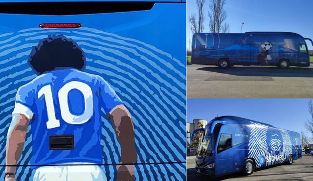 Al lado de 'D10S'. El nuevo bus que utilizará Napoli para sus partidos de local. Foto: composición @sscnapoli/Twitter