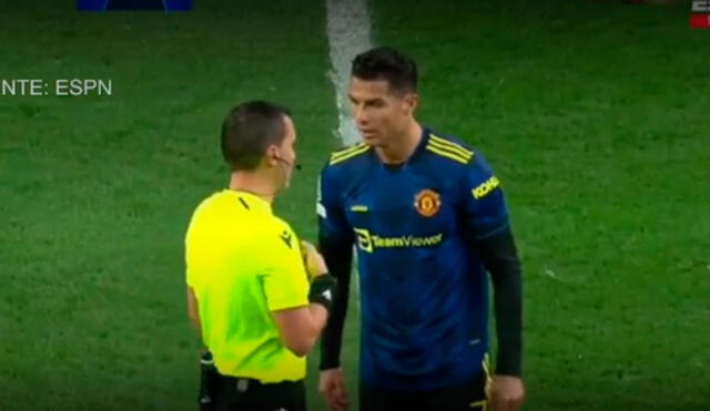 Cristiano Ronaldo tuvo tenso cruce con el árbitro durante el Atlético Madrid vs. Manchester United. Foto: captura ESPN