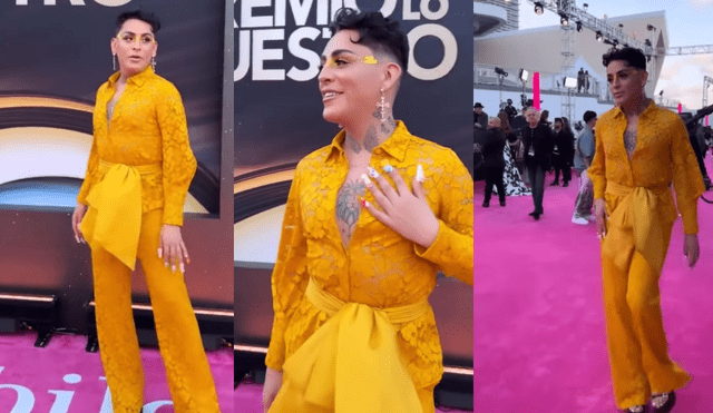 ¡Sorprendió al público! Con un atuendo completamente amarillo, Kunno desfiló por la alfombra morada de los Premios Lo Nuestro. Foto: @elgordoylaflaca/Instagram