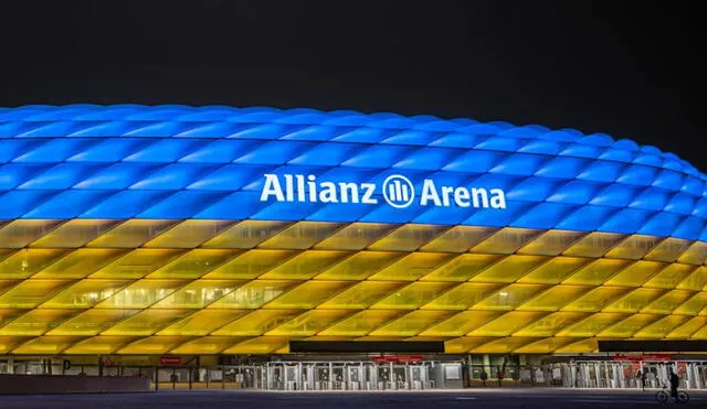 Este viernes 25 de febrero, el Allianz Arena también vestirá los colores de la bandera Ucraniana como muestra de apoyo al país europeo. Foto: web FC Bayern Munich