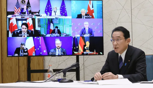 Los líderes del G7 condenaron que Rusia invada militarmente a Ucrania. Sesión liderada por el primer ministro de Japón, Fumio Kishida. Foto: EFE